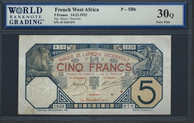 French West Africa, P-05Bb, 5 Francs, 14.12.1922, Signatures: Boyer/Nouvion, 30Q Very Fine
