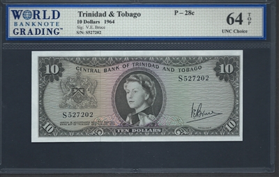 Trinidad & Tobago, P-28c, 10 Dollars, 1964, Signatures: V.E. Bruce, 64 TOP UNC Choice