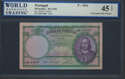 Portugal, P-153a, 20 Escudos, 28.1.1941, Signatures: Branco/Pereira, 45 TOP Extremely Fine Choice