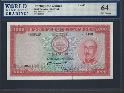 Portuguese Guinea, P-43, 1000 Escudos, 30.4.1964, Signatures: Machado/Gaivao, 64 UNC Choice