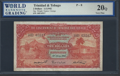 Trinidad & Tobago, P-08, 2 Dollars, 1.5.1942, Signatures: Wright/Santos/George, 20Q Very FINE