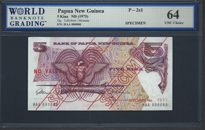 Papua New Guinea, P-02s1, Specimen, 5 Kina, ND (1975), Signatures: ToRobert/Morauta, 64 UNC Choice