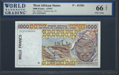West African States, P-411Dc, 1000 Francs, (19)93, Signatures: Kabore/Ouattara (sig. 25), 66 TOP UNC Gem