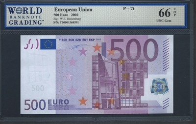 European Union, P-7t, 500 Euro, 2002, Ireland "T" prefix, Signatures: W.F. Duisenberg, 66 TOP UNC Gem