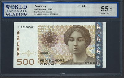 Norway, P-51e, 500 Kroner, 2008, Signatures: Gjedrem/Eklund, 55 TOP About UNC