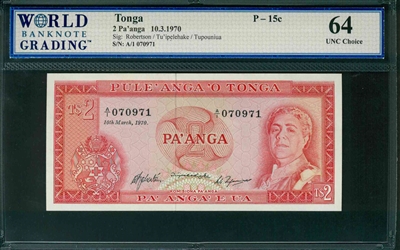 Tonga, P-15c, 2 Pa'anga, 10.3.1970, Signatures: Robertson/Tu'ipelehake/Tupouniua, 64 UNC Choice