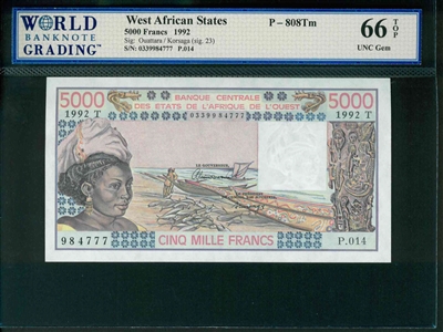 West African States, P-808Tm, 5000 Francs, 1992, Signatures: Ouattara/Korsaga, 66 TOP UNC Gem