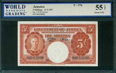 Jamaica, P-37b, 5 Shillings, 27.5.1957, Signatures: E.R. Richardson, 55 TOP About UNC