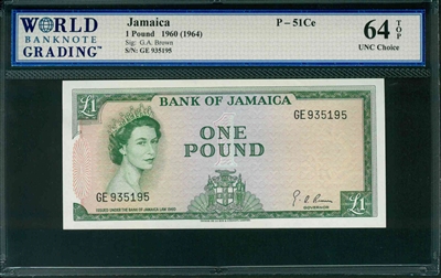 Jamaica, P-51Ce, 1 Pound, 1960 (1964), Signatures: G.A. Brown, 64 TOP UNC Choice