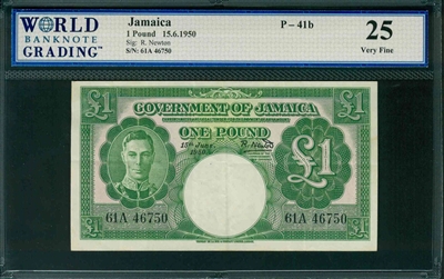 Jamaica, P-41b, 1 Pound, 15.6.1950, Signatures: R. Newton, 25 Very Fine