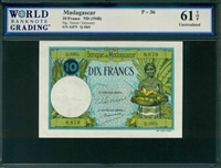 Madagascar, P-36, 10 Francs, ND (1948), Signatures: Gonon/Dejouany, 61 TOP Uncirculated