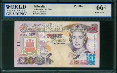 Gibraltar, P-31a, 20 Pounds, 4.8.2004, Signatures: T.J. Bristow, 66 TOP UNC Gem