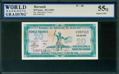 Burundi, P-10, 20 Francs, 25.2.1965, Signatures: Manirakiza/Cornu, 55Q About UNC