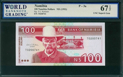 Namibia, P-3a, 100 Namibia Dollars, ND (1993), Signatures: E.L. Karlsson, 67 TOP UNC Superb Gem
