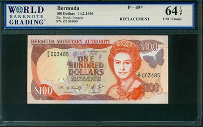 Bermuda, P-45*, REPLACEMENT, 100 Dollars, 14.2.1996, Signatures: Brock/Joaquin, 64 TOP UNC Choice