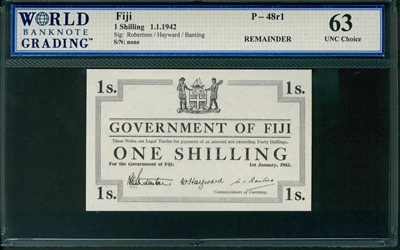 Fiji, P-048r1, REMAINDER, 1 Shilling, 1.1.1942, Signatures: Robertson/Hayward/Banting, 63 UNC Choice