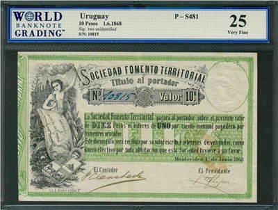 Uruguay, P-S481, 10 Pesos, 1.6.1868, Signatures: two unidentified, 25 Very Fine