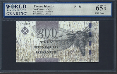 Faeroe Islands, P-31, 200 Kronur, (20)11, Signatures: Knudsen/Johannesen, 65 TOP UNC Gem