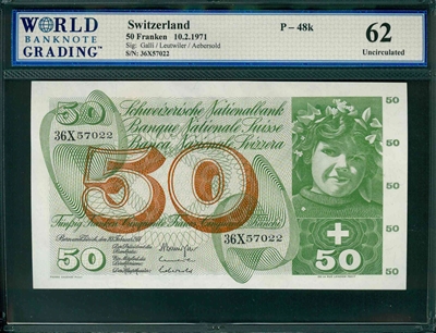 Switzerland, P-48k, 50 Franken, 10.2.1971, Signatures: Galli/Leutwiler/Aebersold, 62 Uncirculated