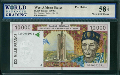 West African States, P-114Aa, 10,000 Francs, (19)92, Signatures: Ouattara/Kabore (sig. 25), 58 TOP About UNC Choice
