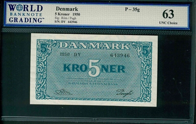 Denmark, P-35g, 5 Kroner, 1950, Signatures: Riim/Pugh, 63 UNC Choice