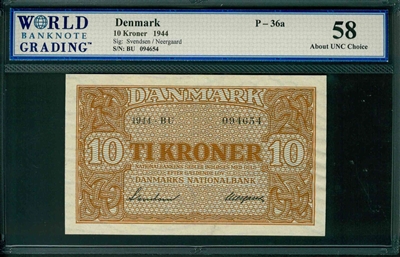 Denmark, P-36a, 10 Kroner, 1944, Signatures: Svendsen/Neergaard, 58 About UNC Choice