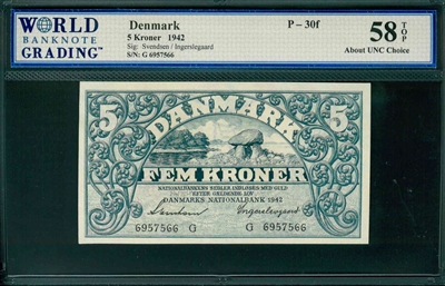 Denmark, P-30f, 5 Kroner, 1942, Signatures: Svendsen/Ingerslegaard, 58 TOP About UNC Choice
