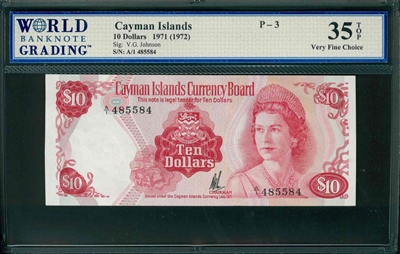 Cayman Islands, P-03, 10 Dollars, 1971 (1972), Signatures: V.G. Johnson, 35 TOP Very Fine Choice