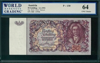 Austria, P-130, 50 Schilling, 2.1.1951, Signatures: Bock/Rizzi/Bartsch, 64 UNC Choice