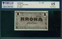 Iceland, P-22f, 1 Krona, 1941 (1945), Signatures: J. Moller, 15 Fine Choice