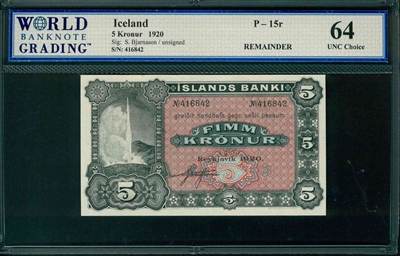 Iceland, P-15r, 5 Kronur, 1920, Signatures: S. Bjarnason/unsigned, 64 UNC Choice