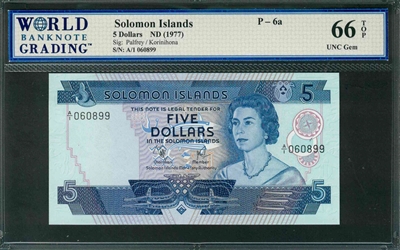 Solomon Islands, P-06a, 5 Dollars, ND (1977), Signatures: Palfrey/Korinihona, 66 TOP UNC Gem