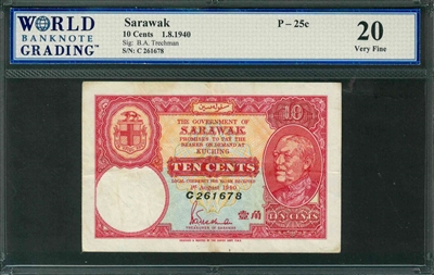 Sarawak, P-25c, 10 Cents, 1.8.1940, Signatures: B.A. Trechman, 20 Very Fine