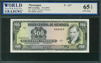 Nicaragua, P-127, 500 Cordobas, 27.4.1972, Signatures: Debayle/Barquero/Moreira, 65 TOP UNC Gem