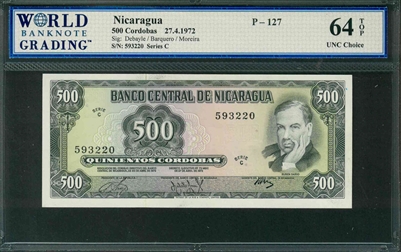 Nicaragua, P-127, 500 Cordobas, 27.4.1972, Signatures: Debayle/Barquero/Moreira, 64 TOP UNC Choice