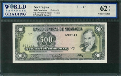 Nicaragua, P-127, 500 Cordobas, 27.4.1972, Signatures: Debayle/Barquero/Moreira, 62 TOP Uncirculated