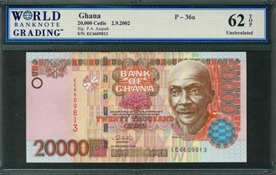 Ghana, P-36a, 20,000 Cedis, 2.9.2002, Signatures: P.A. Acquah, 62 TOP Uncirculated