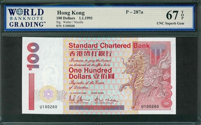 Hong Kong, P-287a, 100 Dollars, 1.1.1993, Signatures: Waller/Nicolle, 67 TOP UNC Superb Gem