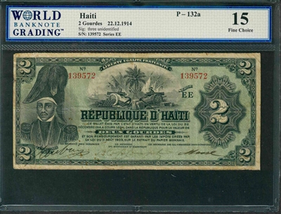 Haiti, P-132a, 2 Gourdes, 22.12.1914, Signatures: three unidentified, 15 Fine Choice, COMMENT: staining