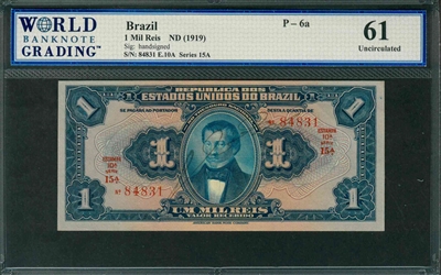 Brazil, P-006a, 1 Mil Reis, ND (1919), Signatures: handsigned, 61 Uncirculated, COMMENT: ink transfer