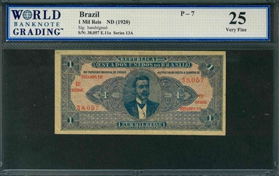 Brazil, P-007, 1 Mil Reis, ND (1920), Signatures: handsigned, 25 Very Fine