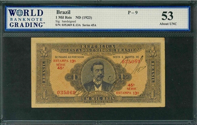 Brazil, P-009, 1 Mil Reis, ND (1923), Signatures: handsigned, 53 About UNC, COMMENT: tiny stains