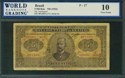 Brazil, P-027, 5 Mil Reis, ND (1922), Signatures: handsigned, 10 Very Good