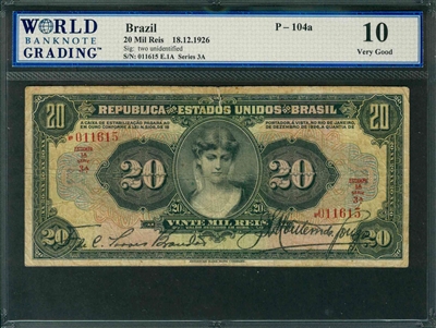 Brazil, P-104a, 20 Mil Reis, 18.12.1926 , Signatures: two unidentified, 10 Very Good