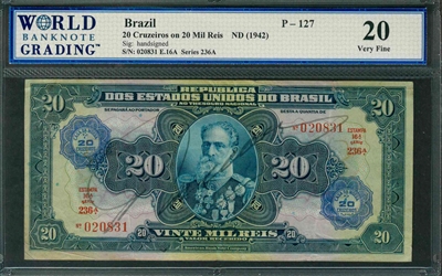 Brazil, P-127, 20 Cruzeiros on 20 Mil Reis, ND (1942), Signatures: handsigned, 20 Very Fine