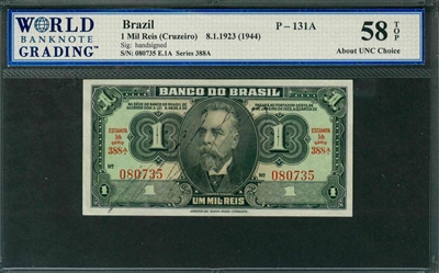 Brazil, P-131A, 1 Mil Reis (Cruzeiro), 8.1.1923 (1944), Signatures: handsigned, 58 TOP About UNC Choice