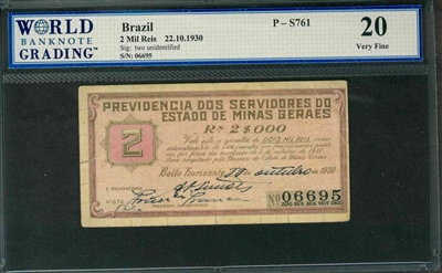 Brazil, P-S761, 2 Mil Reis, 22.10.1930, Signatures: two unidentified, 20 Very Fine, COMMENT: design tear, staple holes