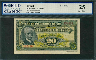 Brazil, P-S793, 20 Mil Reis, 1.5.1932, Signatures: two unidentified, 25 Very Fine