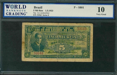 Brazil, P-S801, 5 Mil Reis, 1.5.1933, Signatures: two unidentified, 10 Very Good