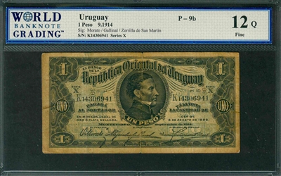 Uruguay, P-09b, 1 Peso, 9.1914, Signatures: Morato/Gallinal/Zorrilla de San Martin, 12Q Fine, COMMENT: repaired tears